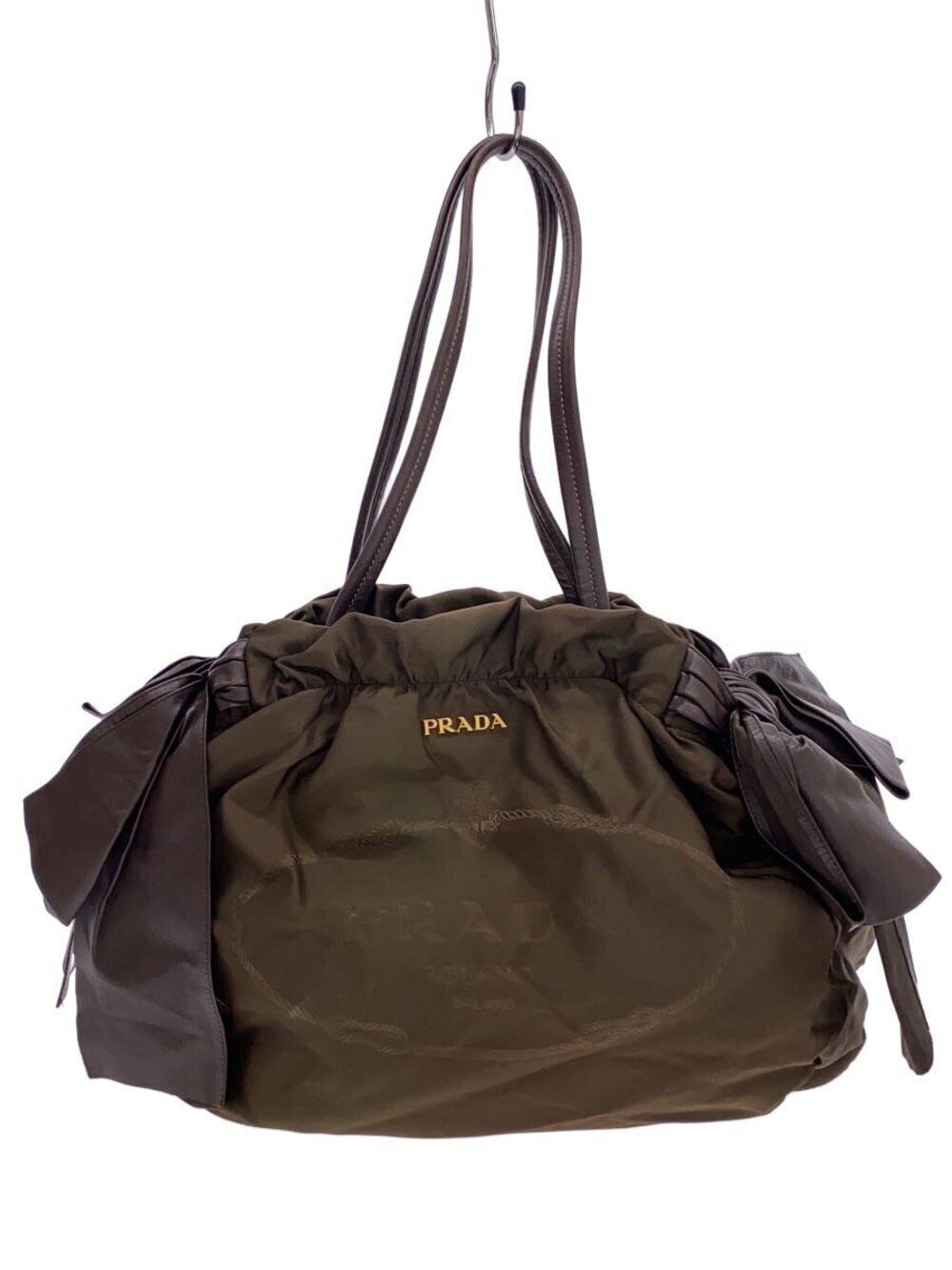 Prada Tote Tessuto Saffiano Bag Side Bow Khaki Green Brown